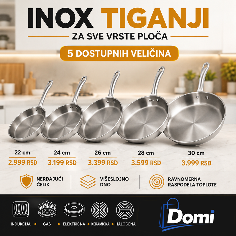 INOX TIGANJI OD NERĐAJUĆEG ČELIKA ZA SVE PLOČE – 22/24/26/28/30 cm